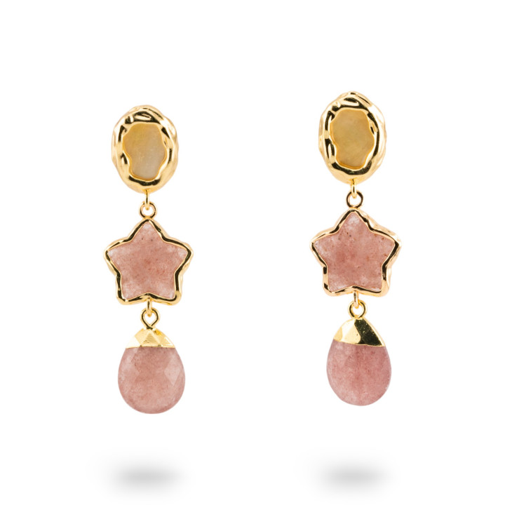 Orecchini A Monachella Di Bronzo Con Cabochon Di Cristalli CZ Dorato a Stella Rosa