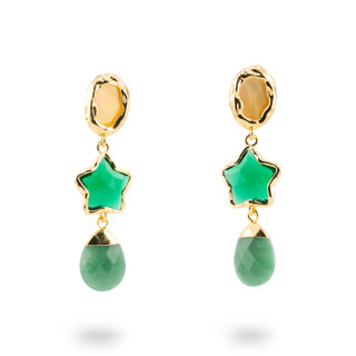 Orecchini A Monachella Di Bronzo Con Cabochon Di Cristalli CZ Dorato a Stella Verde