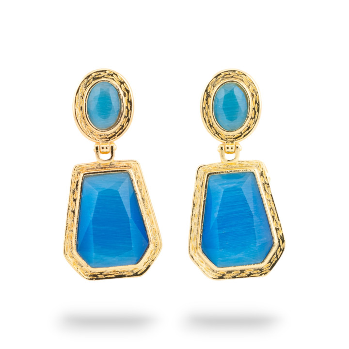 Orecchini A Monachella Di Bronzo Con Cabochon Di Cristalli CZ Dorato Blu