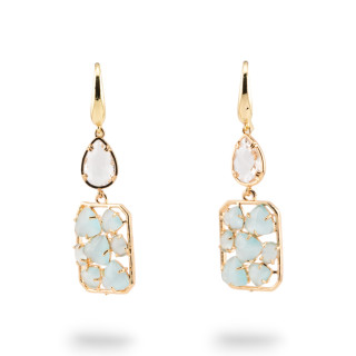 Orecchini A Monachella Di Bronzo Con Occhio Di Gatto E Cristalli CZ Bianco e Azzurro