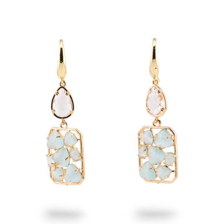 Orecchini A Monachella Di Bronzo Con Occhio Di Gatto E Cristalli CZ Bianco e Azzurro