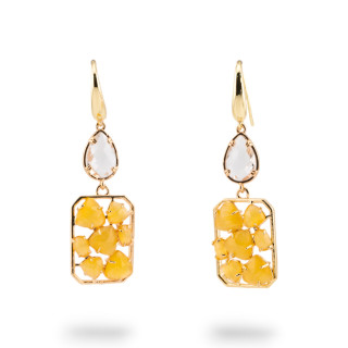 Orecchini A Monachella Di Bronzo Con Occhio Di Gatto E Cristalli CZ Bianco e Giallo