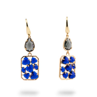 Orecchini A Monachella Di Bronzo Con Occhio Di Gatto E Cristalli CZ Grigio e Blu