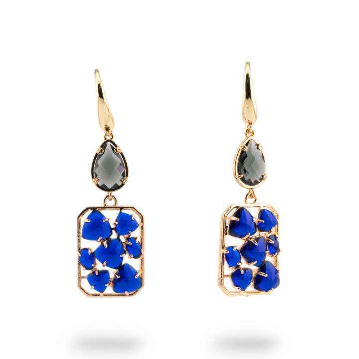 Orecchini A Monachella Di Bronzo Con Occhio Di Gatto E Cristalli CZ Grigio e Blu