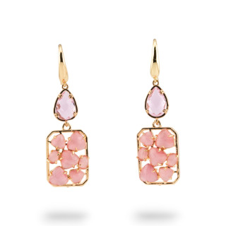 Orecchini A Monachella Di Bronzo Con Occhio Di Gatto E Cristalli CZ Viola e Rosa