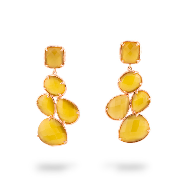 Orecchini Di Bronzo A Perno Con Occhio Di Gatto Incastonato 10 Cabochon 24x53mm Oro Rosa  Giallo