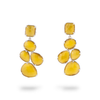 Orecchini Di Bronzo A Perno Con Occhio Di Gatto Incastonato 10 Cabochon 24x53mm Rodiato Giallo