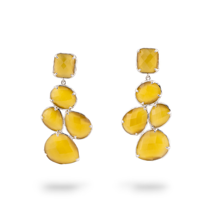 Orecchini Di Bronzo A Perno Con Occhio Di Gatto Incastonato 10 Cabochon 24x53mm Rodiato Giallo