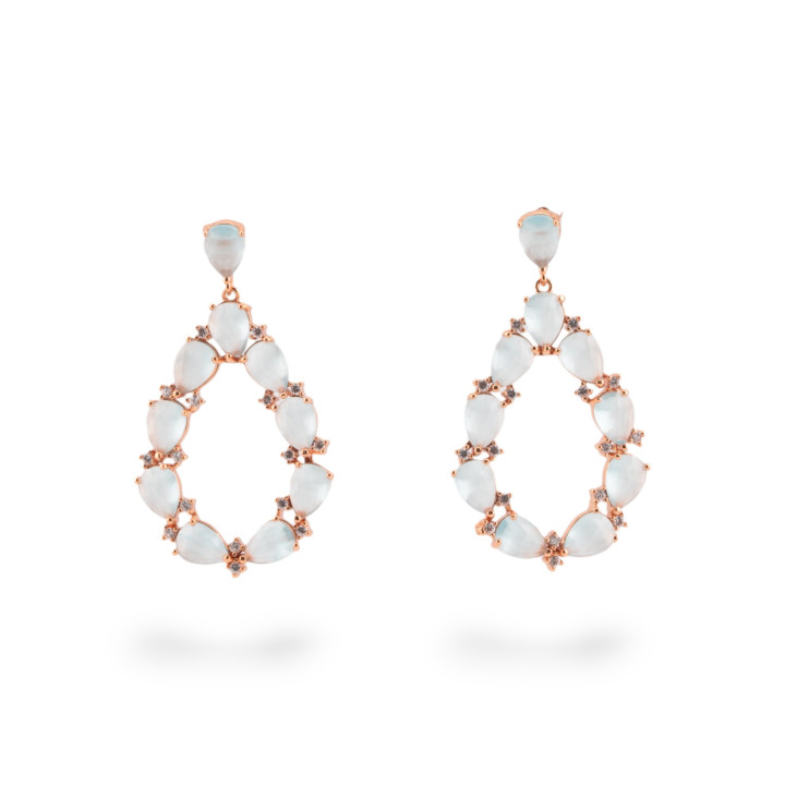 Orecchini Di Bronzo A Perno Con Occhio Di Gatto Incastonato Goccia Con Zirconi 25,5x44mm Dorato Acqua