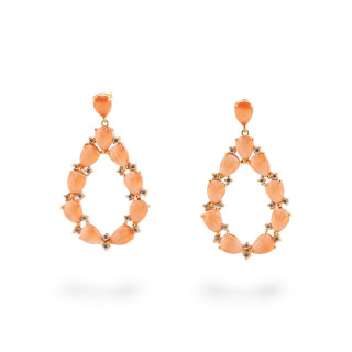 Orecchini Di Bronzo A Perno Con Occhio Di Gatto Incastonato Goccia Con Zirconi 25,5x44mm Dorato Arancio