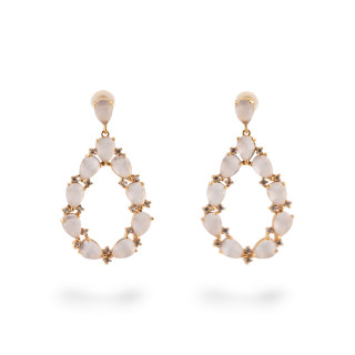 Orecchini Di Bronzo A Perno Con Occhio Di Gatto Incastonato Goccia Con Zirconi 25,5x44mm Dorato Bianco