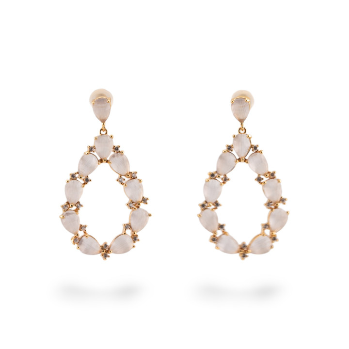 Orecchini Di Bronzo A Perno Con Occhio Di Gatto Incastonato Goccia Con Zirconi 25,5x44mm Dorato Bianco