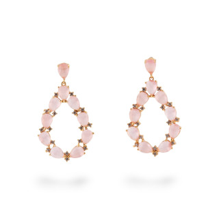 Orecchini Di Bronzo A Perno Con Occhio Di Gatto Incastonato Goccia Con Zirconi 25,5x44mm Dorato Rosa