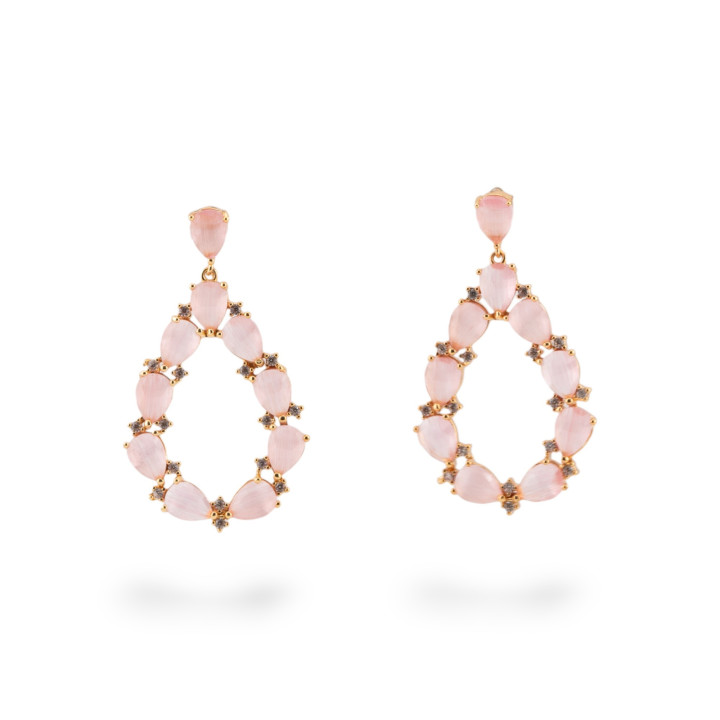 Orecchini Di Bronzo A Perno Con Occhio Di Gatto Incastonato Goccia Con Zirconi 25,5x44mm Dorato Rosa