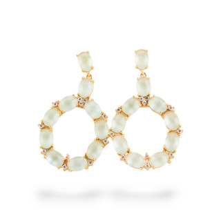 Orecchini Di Bronzo A Perno Con Occhio Di Gatto Incastonato Ovale Con Zirconi 25,5x42mm Dorato Acqua