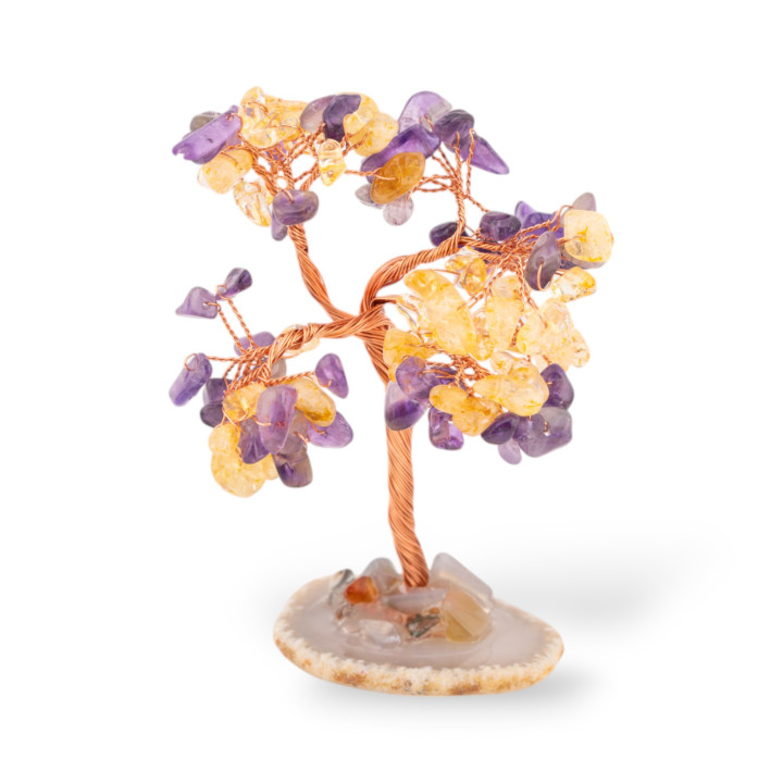 Soprammobile Di Pietre Dure Albero Della Vita Con Base Di Agata 10 cm Ametista e Quarzo Citrino