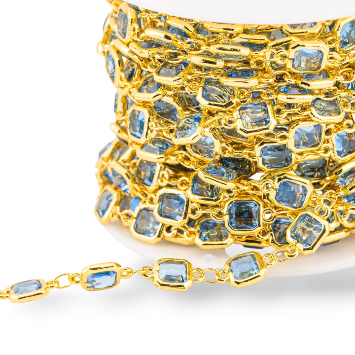 Catena Rosario Di Ottone Con Occhio Di Gatto Cabochon Quadrato 7mm 5 Metri Dorato Blu Light