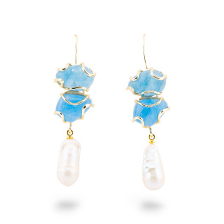 Orecchini A Monachella Di Bronzo Con Pietra Dure E Perle Barocche Dorato - Acquamarina