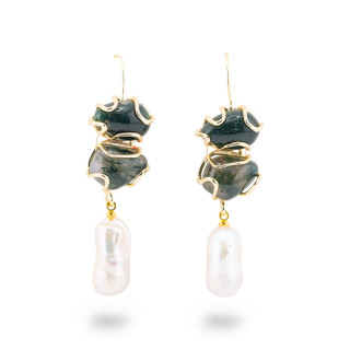 Orecchini A Monachella Di Bronzo Con Pietra Dure E Perle Barocche Dorato - Agata Muschiata Verde