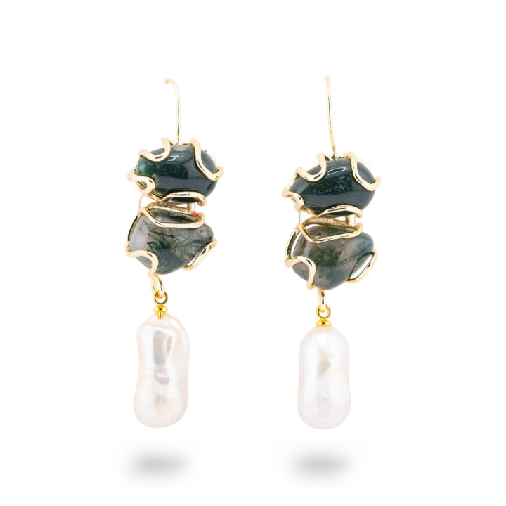Orecchini A Monachella Di Bronzo Con Pietra Dure E Perle Barocche Dorato - Agata Muschiata Verde