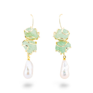 Orecchini A Monachella Di Bronzo Con Pietra Dure E Perle Barocche Dorato - Avventurina