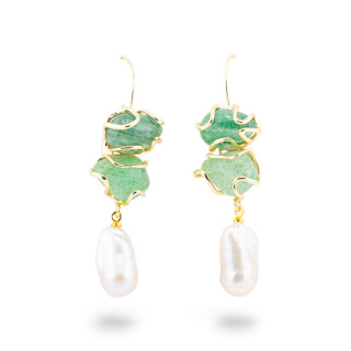 Orecchini A Monachella Di Bronzo Con Pietra Dure E Perle Barocche Dorato - Avventurina MOD. 2