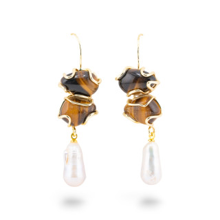 Orecchini A Monachella Di Bronzo Con Pietra Dure E Perle Barocche Dorato - Occhio di Tigre