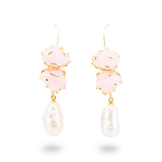 Orecchini A Monachella Di Bronzo Con Pietra Dure E Perle Barocche Dorato - Opale Rosa
