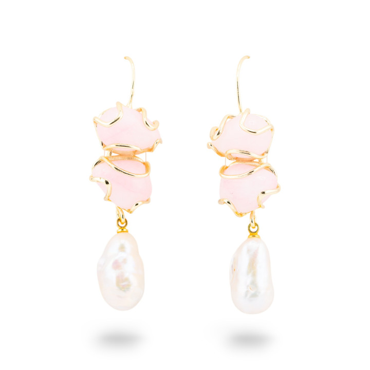 Orecchini A Monachella Di Bronzo Con Pietra Dure E Perle Barocche Dorato - Opale Rosa