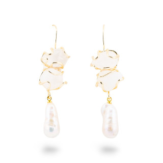 Orecchini A Monachella Di Bronzo Con Pietra Dure E Perle Barocche Dorato - Quarzo Latteo