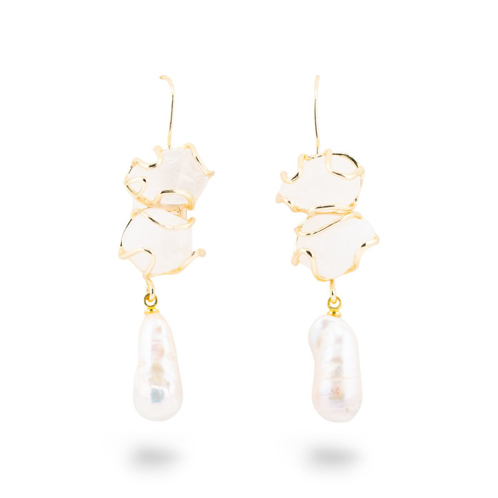 Orecchini A Monachella Di Bronzo Con Pietra Dure E Perle Barocche Dorato - Quarzo Latteo