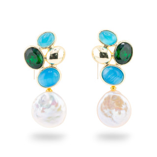Orecchini Perno Di Bronzo Con Cristalli CZ e Occhio Di Gatto Con Perle Di Fiume Azzurro e Smeraldo
