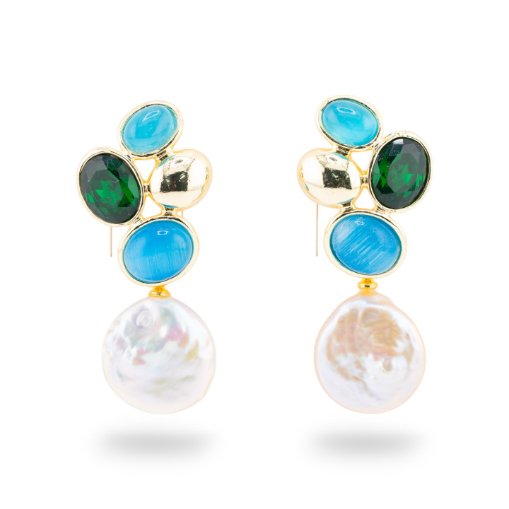 Orecchini Perno Di Bronzo Con Cristalli CZ e Occhio Di Gatto Con Perle Di Fiume Azzurro e Smeraldo