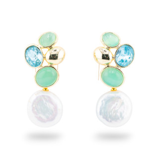 Orecchini Perno Di Bronzo Con Cristalli CZ e Occhio Di Gatto Con Perle Di Fiume Azzurro e Verde