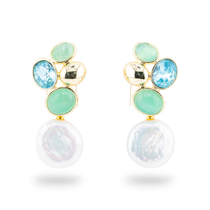 Orecchini Perno Di Bronzo Con Cristalli CZ e Occhio Di Gatto Con Perle Di Fiume Azzurro e Verde