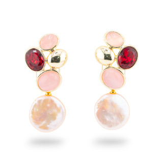 Orecchini Perno Di Bronzo Con Cristalli CZ e Occhio Di Gatto Con Perle Di Fiume Rosa e Rosso