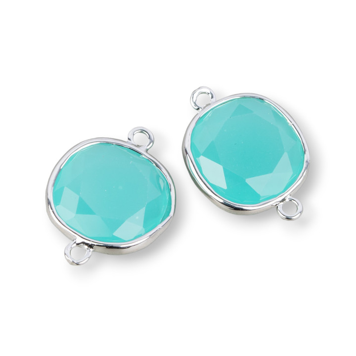 Connettore Componente Cabochon Incastonato Di Cristalli Quadrato 14mm Con 2 Anellini 10pz Rodiato Acqua