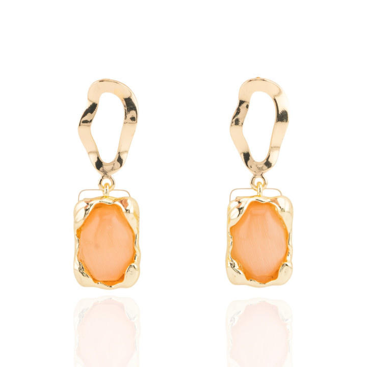 Orecchini A Perno Ondulato Di Bronzo Con Occhio Di Gatto Incastonato 13x40mm Arancio