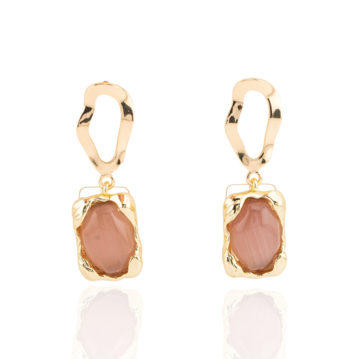 Orecchini A Perno Ondulato Di Bronzo Con Occhio Di Gatto Incastonato 13x40mm Cipria