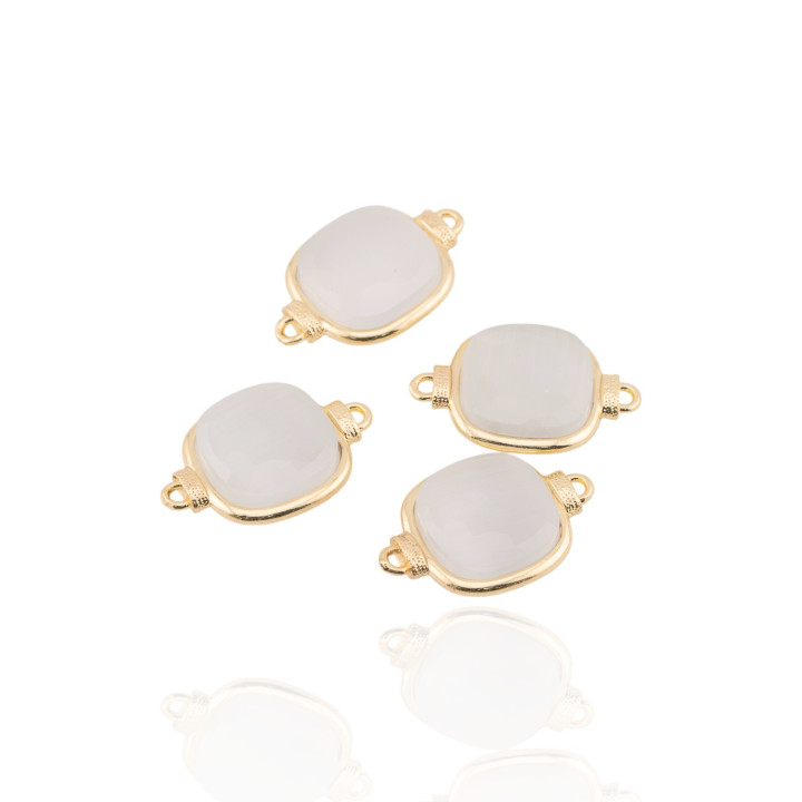 Connettore Componente Di Ottone Con Cristalli Occhio Di Gatto Incastonati Quadrato 14mm 10pz Opale Bianco