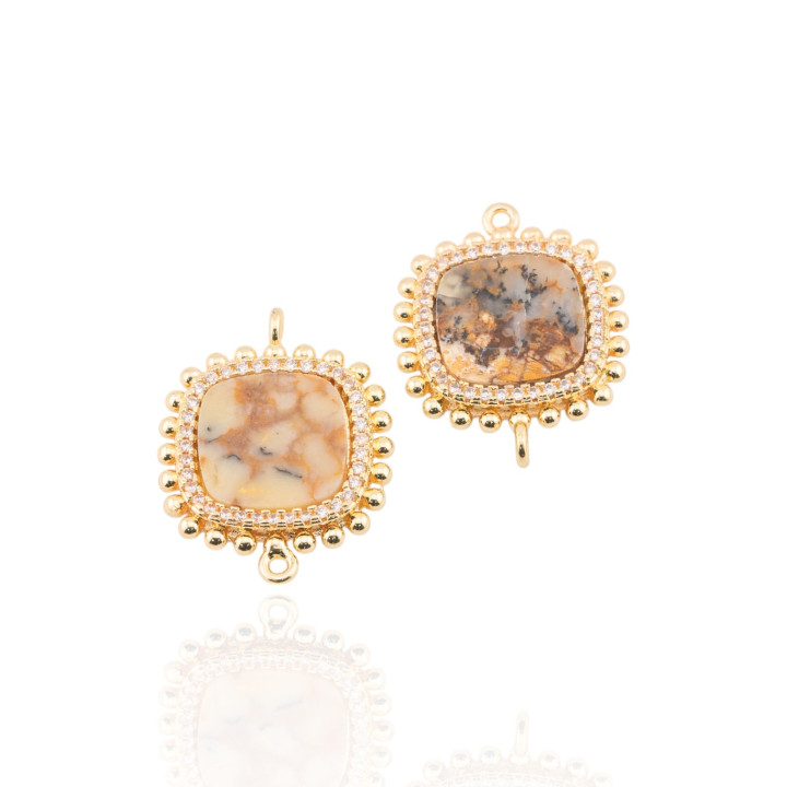 Connettore Componente Di Ottone Con Pietre Naturali Con 2 Anellini E Zirconi Quadrato 19mm 6pz Agata Oceanica