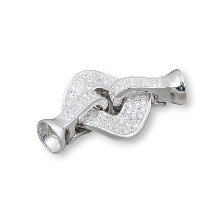 Chiusura Di Argento 925 Con Zirconi Micropave Tondo Forato Ondulato 33x18mm 1pz Rodiato