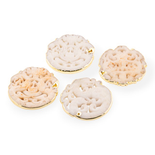 Componente Di Giadeite Incisa 50-65mm Bordato Oro 1pz Bianco Disegno Random