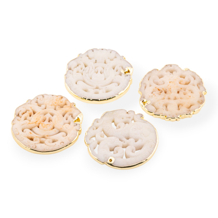 Componente Di Giadeite Incisa 50-65mm Bordato Oro 1pz Bianco Disegno Random