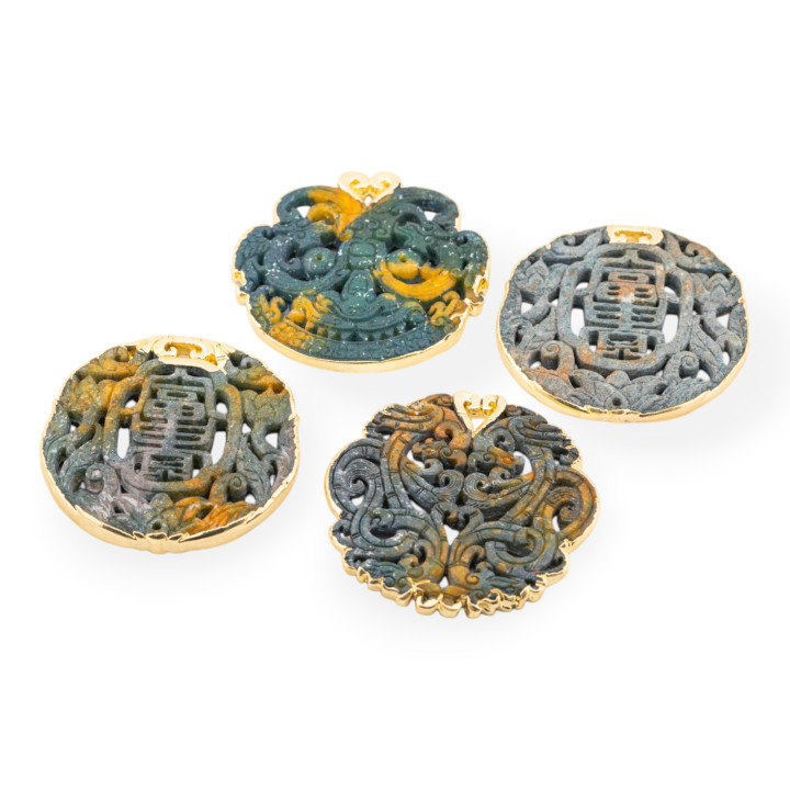 Componente Di Giadeite Incisa 50-65mm Bordato Oro 1pz Grigio e Giallo Maculato Disegno Random