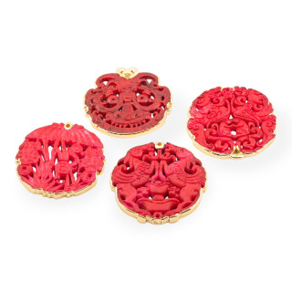 Componente Di Giadeite Incisa 50-65mm Bordato Oro 1pz Rosso Disegno Random