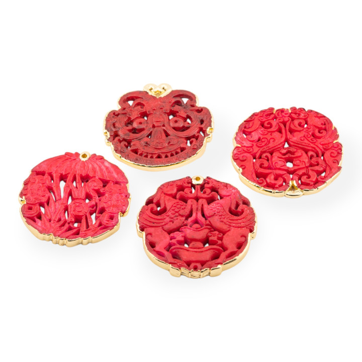 Componente Di Giadeite Incisa 50-65mm Bordato Oro 1pz Rosso Disegno Random