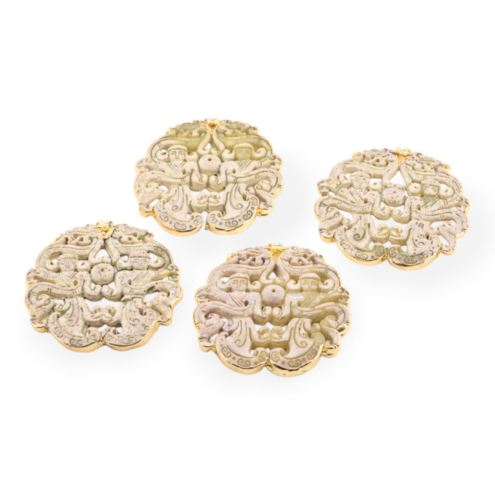 Componente Di Giadeite Incisa 50-65mm Bordato Oro 1pz Sabbia Disegno Random