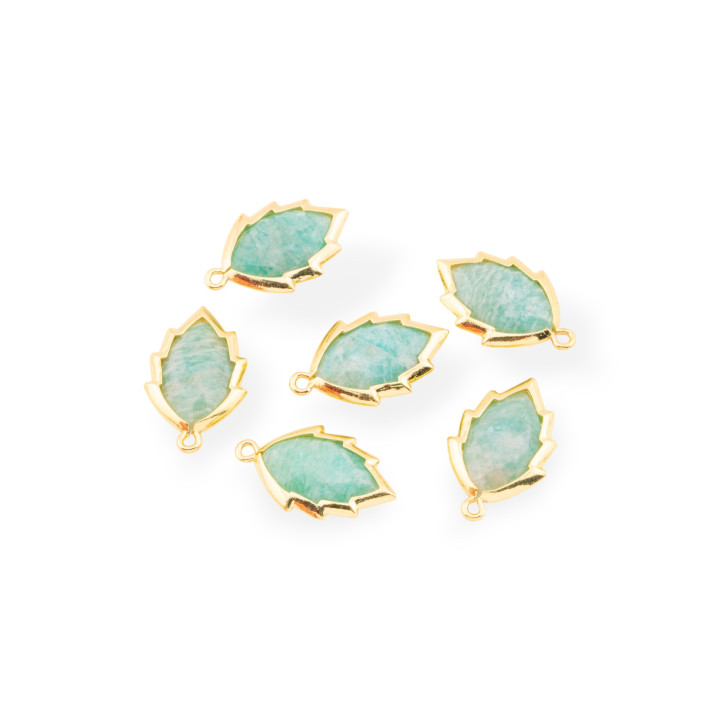 Componente Pendente Di Ottone Forma di Foglia Con Pietre Dure 20mm 6pz Dorato Amazzonite