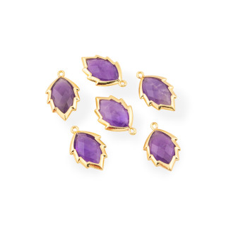 Componente Pendente Di Ottone Forma di Foglia Con Pietre Dure 20mm 6pz Dorato Ametista